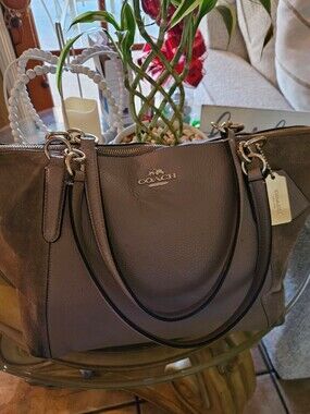 Coach Beige Taupe Genuine Leather & Suede Tote with Gold Hangtag Hardware